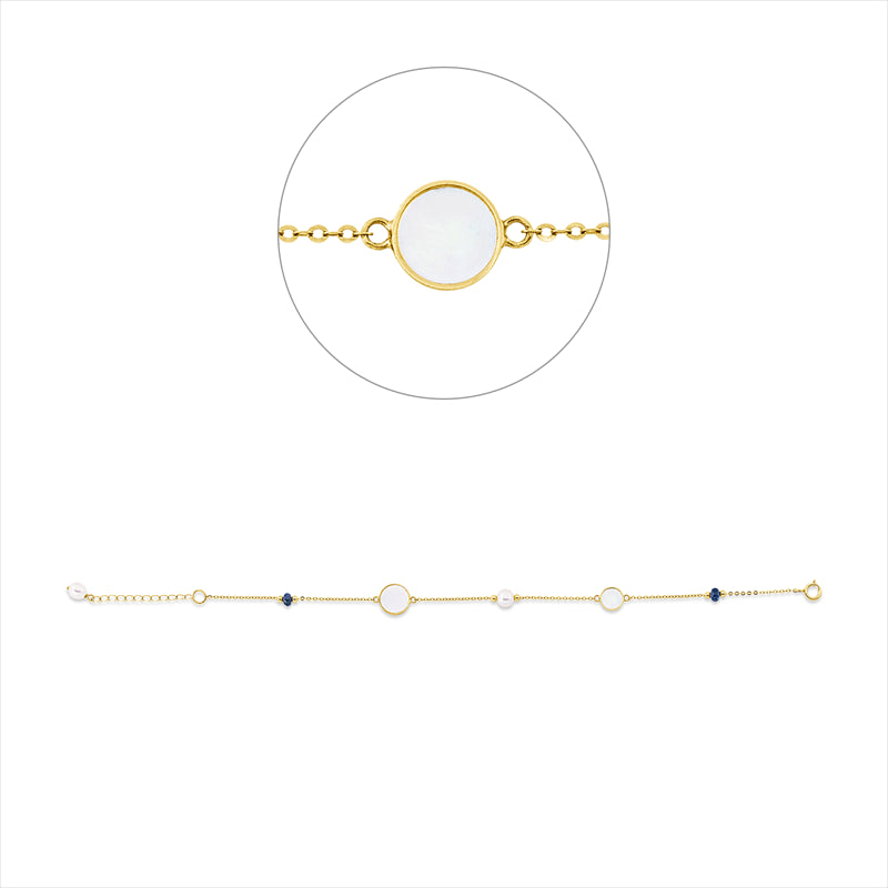 Armband 18 ktGG, 1 Perlmutt weiß 6mm, 1 Perlmutt weiß 8mm, 2 Saphire 0,33ct blau, 2 ZP weiß 4,5mm