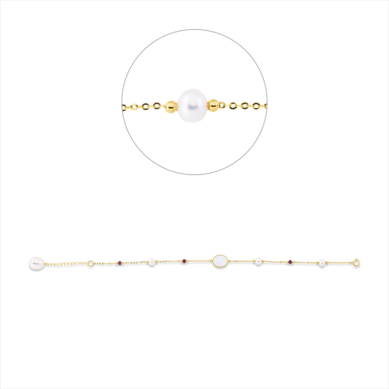 Armband 18 kt GG, 1 Perlmutt weiß 8x10mm, 3 Rubine 0,95 ct rot, 1 ZP weiß 9 mm, 3 ZP weiß 4,5 mm
