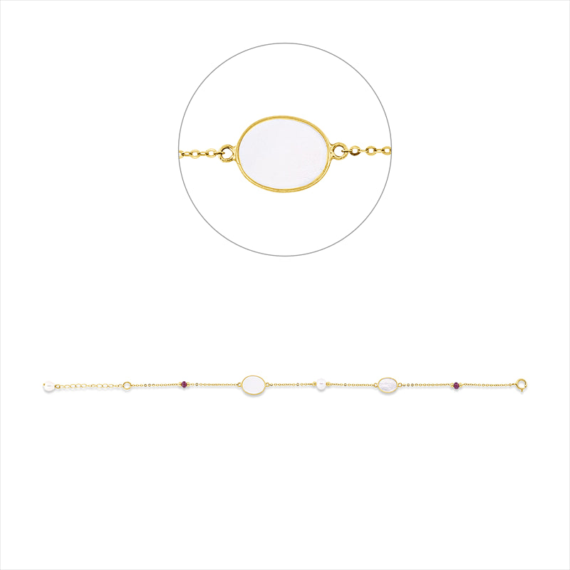 Armband 18 ktGG,1 Perlmutt weiß 6x8mm,1 Perlmutt weiß 8x10mm,2 Rubine0,63ct rot,2 ZP weiß4,5mm