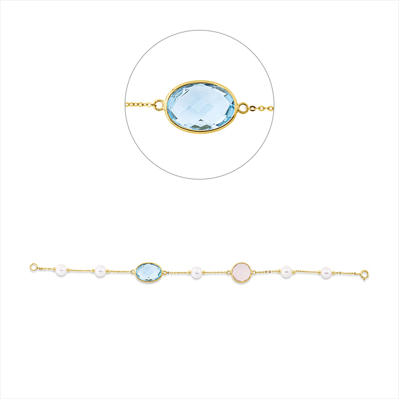 Armband 18 kt GG, 1 Quarz 3,50 ct rosa, 1 Topas 5,80 ct blau, 5 ZP weiß 6 mm