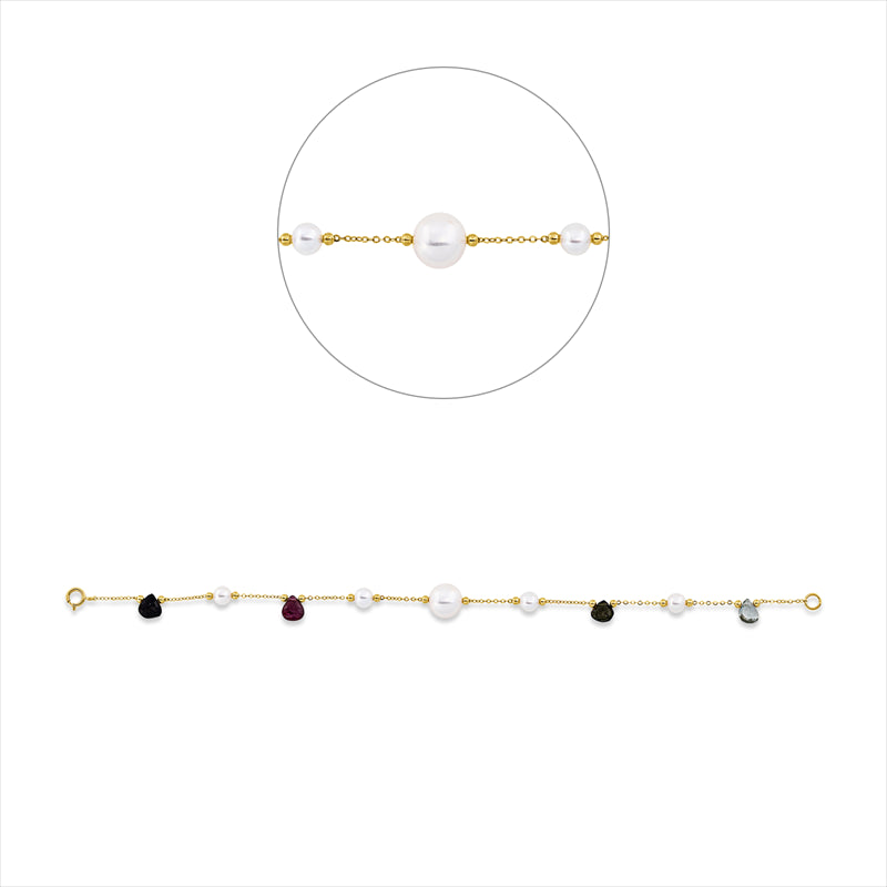 Armband 18 kt GG, 4 Turmalin 2,40 ct multicolor, 1 ZP weiß 8 mm, 4 ZP weiß 4,5 mm