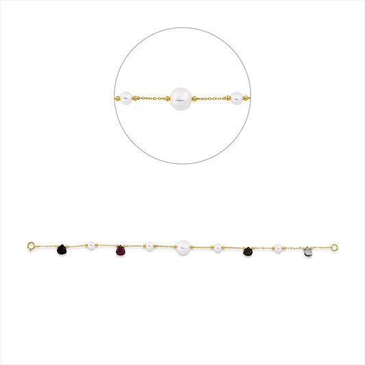 Armband 18 kt GG, 4 Turmalin 2,40 ct multicolor, 1 ZP weiß 8 mm, 4 ZP weiß 4,5 mm