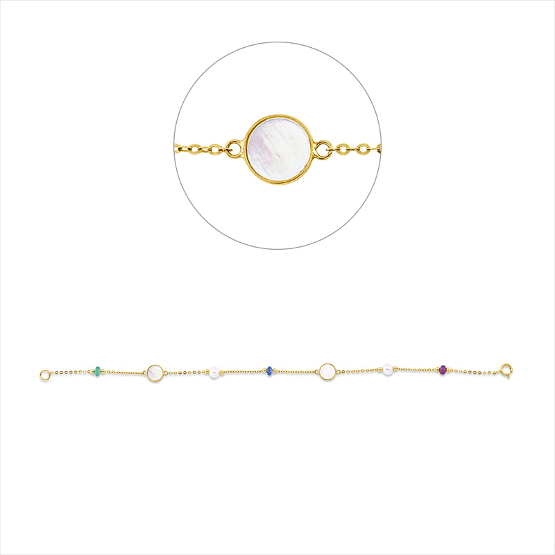 Armband 18 kt GG1 Ru 0,21 ct rot,2 Perlm weiß,1 Sap 0,20 ct blau,1 Sm 0,21 ct grün,2 ZP weiß 4,5 mm