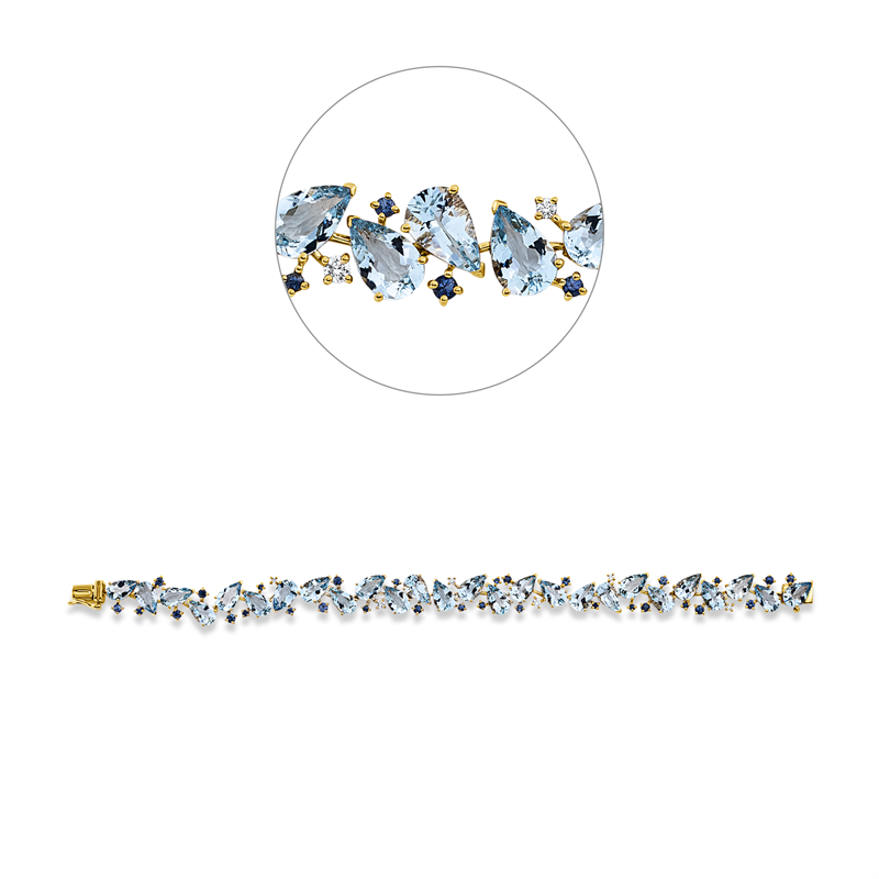Armband 18 kt GG, 6 Brill. 0,18 ct, TW-si, 26 Aquamarin 15,60 ct blau, 30 Saphire 1,36 ct blau