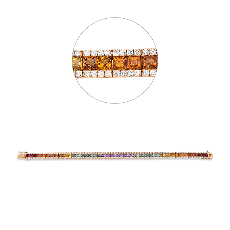 Armband 18 kt RG, 224 Brill. 2,50 ct, F-si, 56 Saphire 10,60 ct multicolor