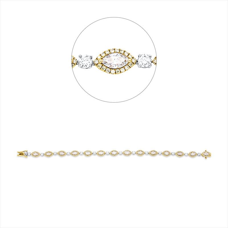 Armband 950 Pt GP, 14 Brill. 1,25 ct, TW-si, 14 Nav. 3,47 ct, gelb, 252 Brill. 0,94 ct, gelb