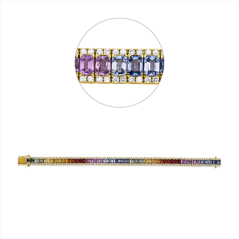 Armband 18 kt GG, 212 Brill. 2,37 ct, W-si, 53 Saphire 13,19 ct fancy