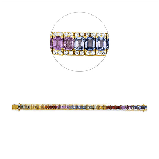 Armband 18 kt GG, 212 Brill. 2,37 ct, W-si, 53 Saphire 13,19 ct fancy