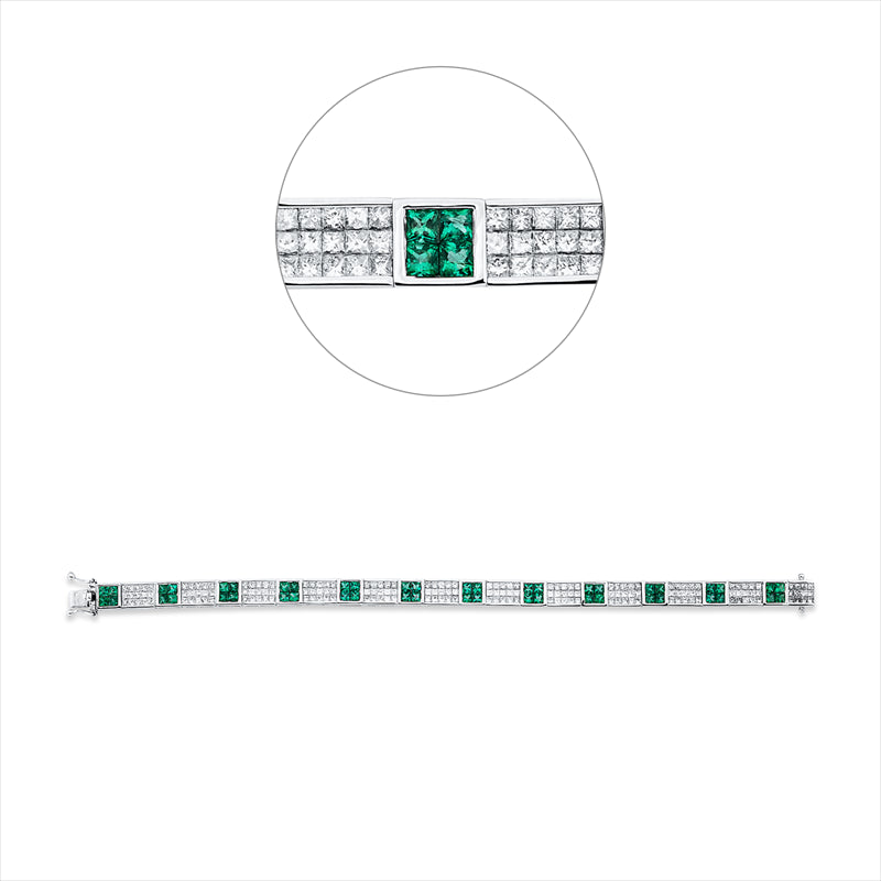 Armband 18 kt WG, 177 Princ. 4,64 ct, TW-vsi, 48 Smaragde 4,10 ct grün