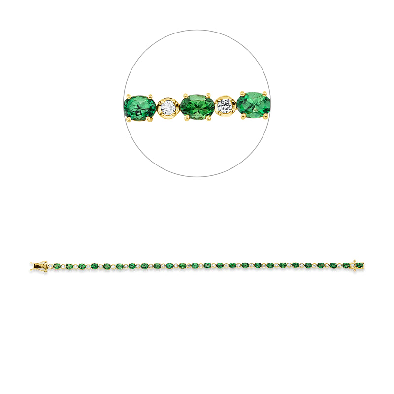 Armband 18 kt GG, 25 Brill. 0,51 ct, F-si, 25 Tsavorith 5,70 ct grün