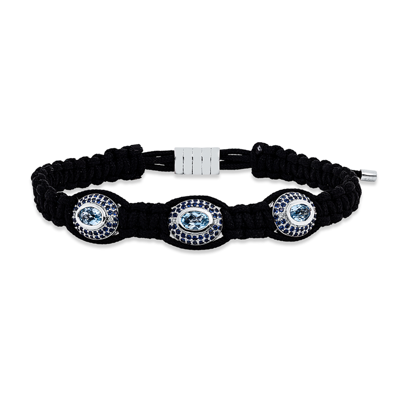 Armband 18 kt WG, schw cord, 6 Brill. 0,04 ct, I-vsi, 3 Top 1,67 ct blau, 126 Sap 0,81 ct blau