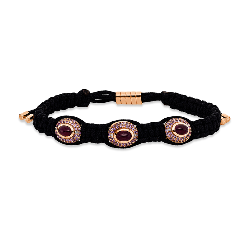 Armband 18 kt RG, schwarzes cord, 6 Brill. 0,04 ct, I-vsi, 3 Rubine 1,83 ct rot, 126 Saphire 0,80 ct pink