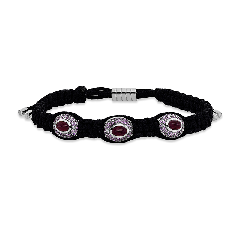 Armband 18 kt WG, schwarzes cord, 6 Brill. 0,04 ct, I-vsi, 3 Rubine 1,70 ct rot, 126 Saphire 0,78 ct pink