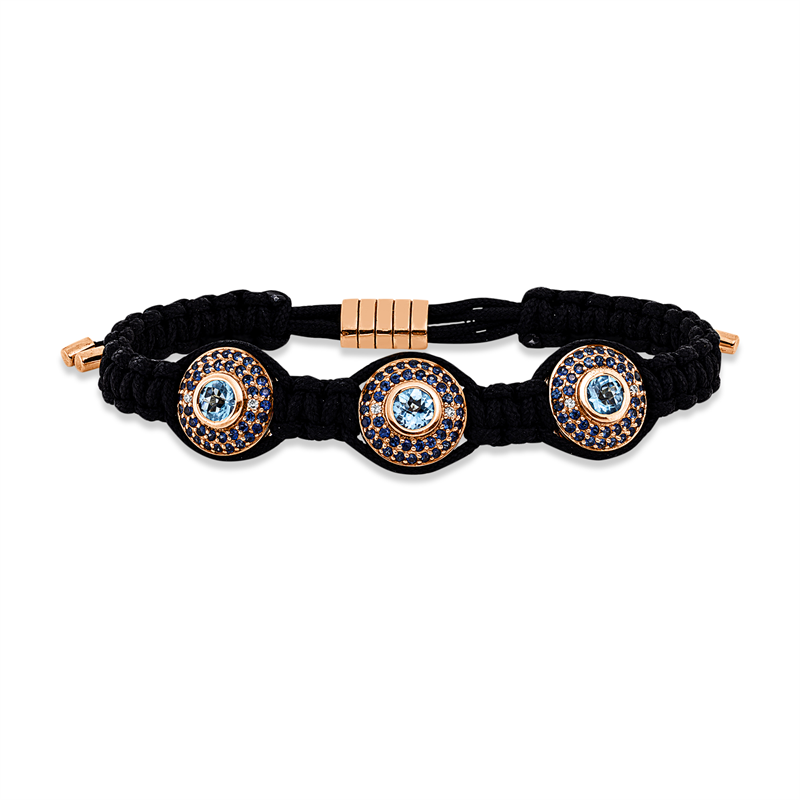 Armband 18 kt RG, schwarzes cord, 6 Brill. 0,06 ct, I-si, 3 Topase 1,66 ct blau, 120 Saphire 1,38 ct blau