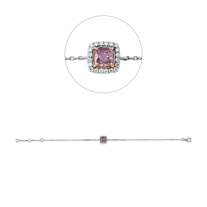 Armband 18 kt WG+RG, mit ZÖ 15 cm + 16,5 cm, 20 Brill. 0,11 ct, TW-si, 1 Cushion 0,59 ct, pink