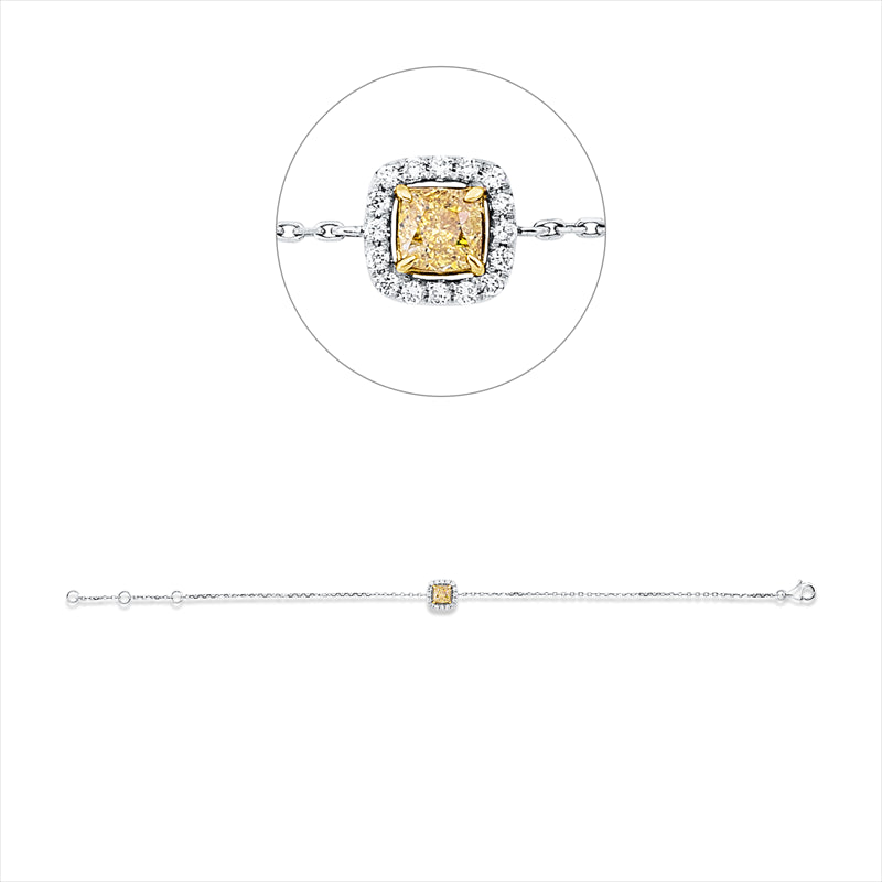 Armband 18 kt WG+GG, mit ZÖ 15 cm + 16,5 cm, 1 Cushion 0,42 ct, gelb, 16 Brill. 0,09 ct, TW-si