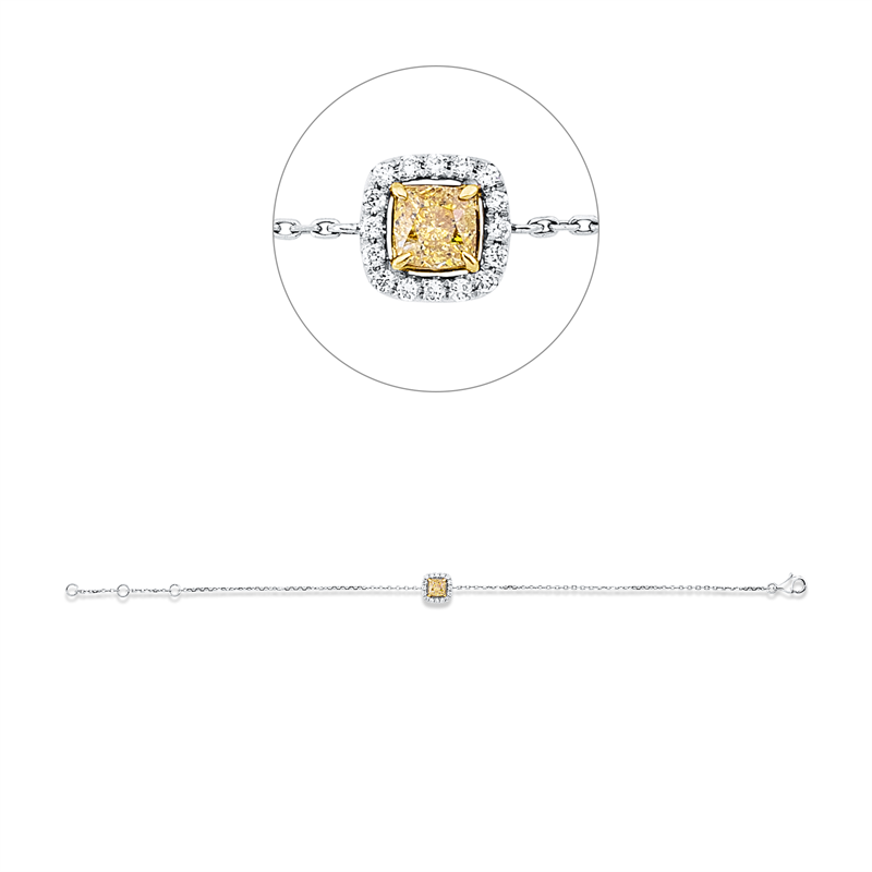 Armband 18 kt WG+GG, mit ZÖ 15 cm + 16,5 cm, 16 Brill. 0,09 ct, TW-si, 1 Cushion 0,42 ct, gelb