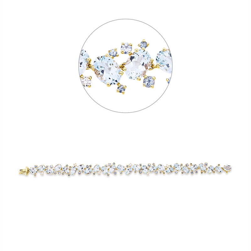 Armband 18 kt GG, 6 Brill. 0,34 ct, TW-si, 43 Saphire 2,10 ct blau, 25 Aquamarin 18,00 ct blau