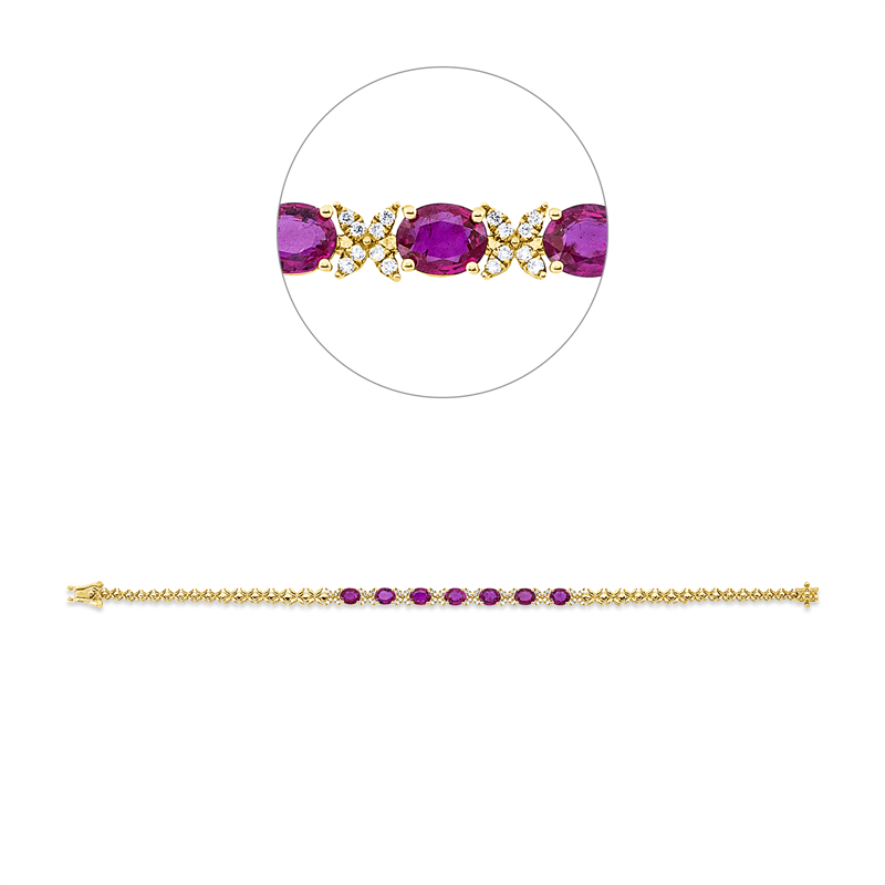 Armband 18 kt GG, 64 Brill. 0,23 ct, TW-si, 7 Rubine 3,20 ct rot