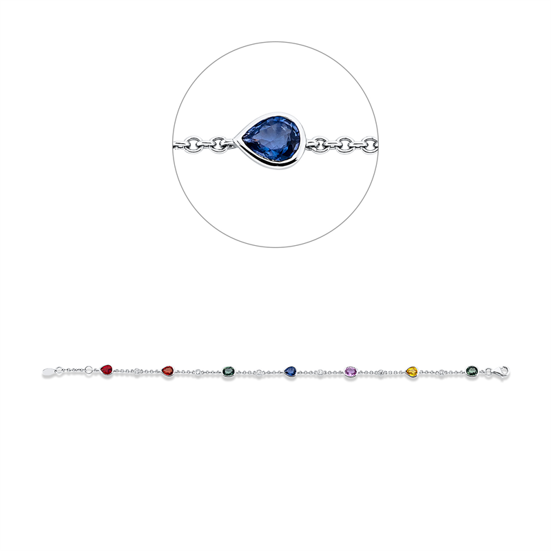 Armband 18 kt WG, mit ZÖ 17 cm, 6 Brill. 0,17 ct, F-vsi/si, 7 Saphire 2,89 ct multicolor