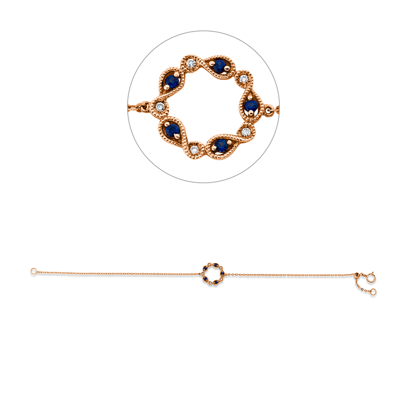 Armband 18 kt RG, 5 Brill. 0,02 ct, TW-si, 5 Saphire 0,08 ct blau