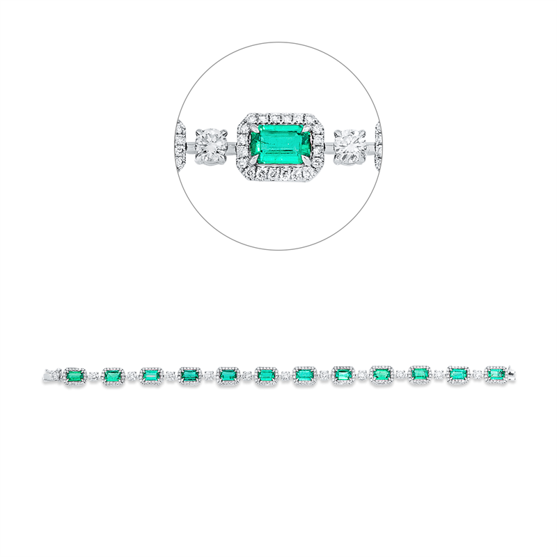 Armband 18k WG, IGI61J3409423, 12 Brill.1,51ct, 240 Brill. 1,16ct, F-vvs/vs, 12 Smaragde 5,28ct grün