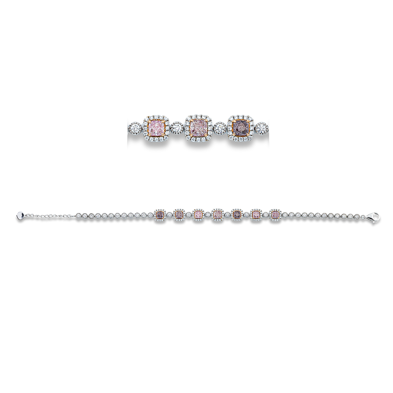 Armband 18 kt WG+RG, mit ZÖ 16cm, 112 Brill. 0,64 ct, TW-si, 30 Brill. 1,54 ct, TW-si, 7 Cushion 2,49 ct, pink-vsi/si