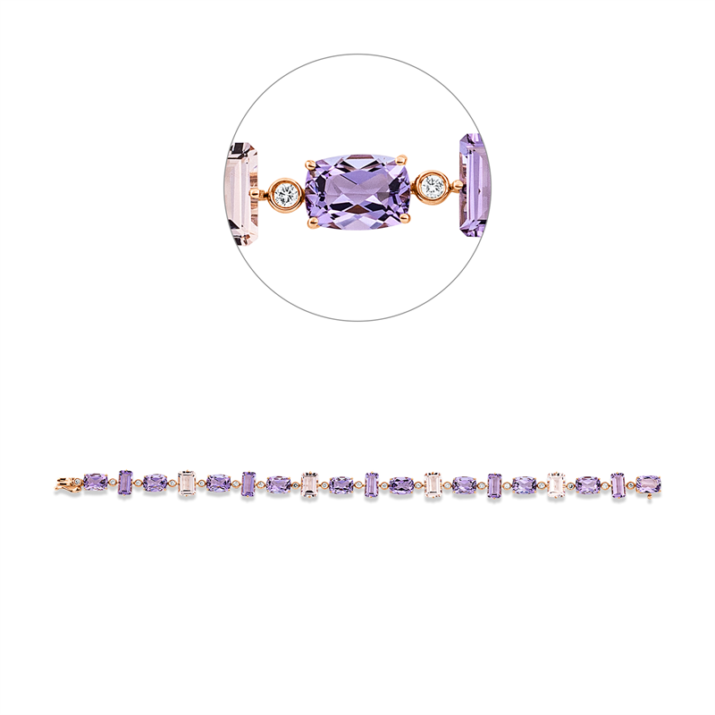 Armband 18 kt RG, 19 Brill. 0,33 ct, TW-si, 4 Morganit 3,80 ct rosa, 15 Amethyste 11,30 ct lila