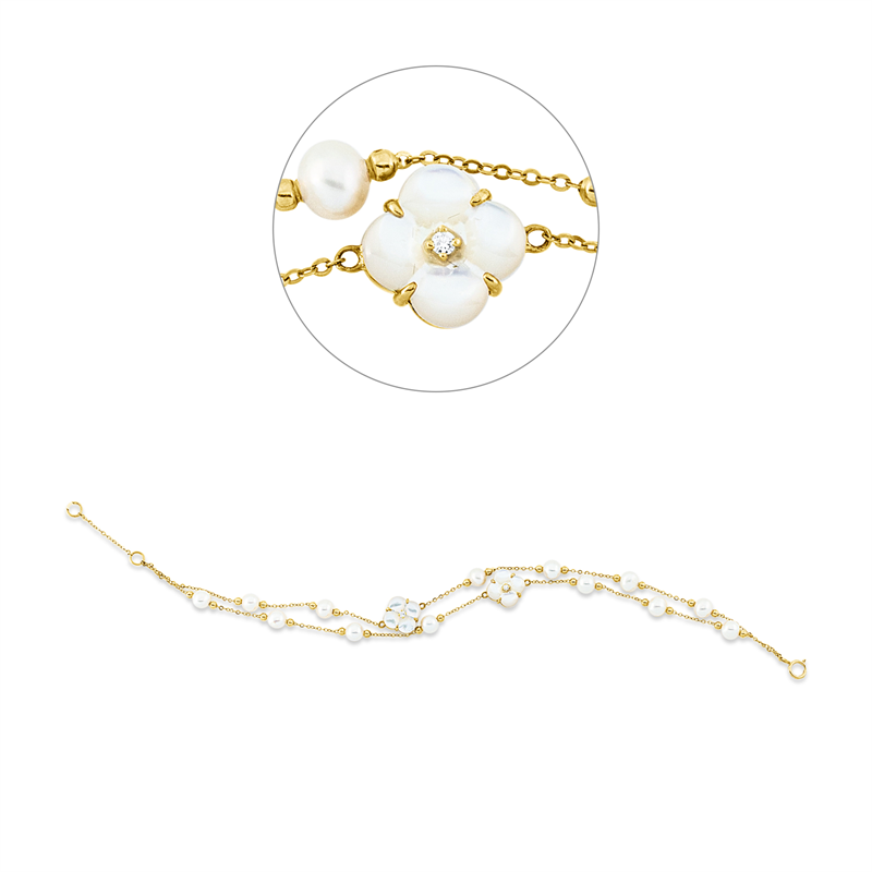 Armband 18 kt GG, mit ZÖ 19 cm, 4 Brill. 0,06 ct, TW-si, 8 Perlmutt weiß, 13 SW weiß 4,5 mm