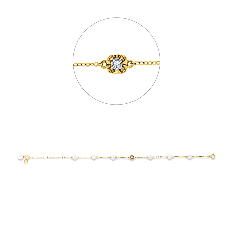 Armband 18 kt GG, Fassung rhodiniert, ZÖ 17 cm, 1 Brill. 0,02 ct, W-si, 6 ZP weiß 4 mm, 1 ZP weiß 5 mm