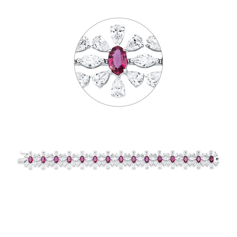 Armband 18 kt WG, 15 Nav. 1,82 ct, F-vvs/vs, 90 Tropfen 9,92 ct, F-vvs/vs, 15 Rubine 7,79 ct rot