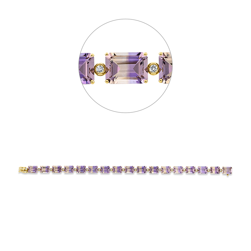 Armband 18 kt GG, 17 Brill. 0,30 ct, TW-si, 17 Ametrin 24,50 ct gelb-lila