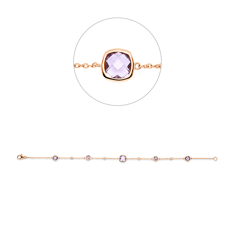 Armband 18 kt RG, 4 Brill. 0,06 ct, TW-si, 1 Amethyst 0,84 ct pink, 4 Amethyste 0,97 ct pink
