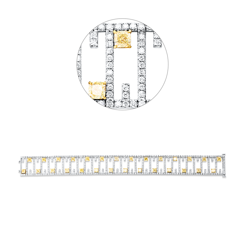 Armband 18 kt WG+GG, 532 Brill. 4,14 ct, TW-si, 28 Cushion 6,30 ct, gelb