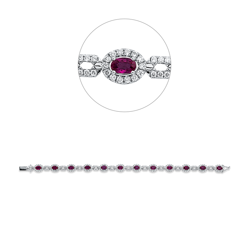 Armband 18 kt WG, 240 Brill. 2,12 ct, F-vsi, 12 Rubine 3,56 ct rot