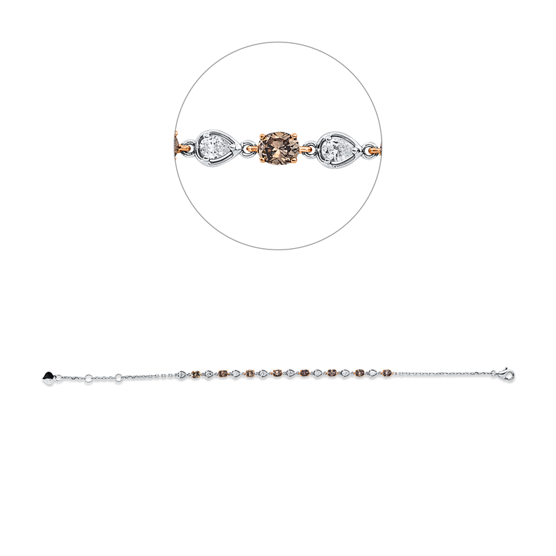 Armband 18 kt WG, mit ZÖ 15,5 + 16,5 cm, 8 Tropfen 0,35 ct, W-pi, 8 Oval 1,16 ct, braun