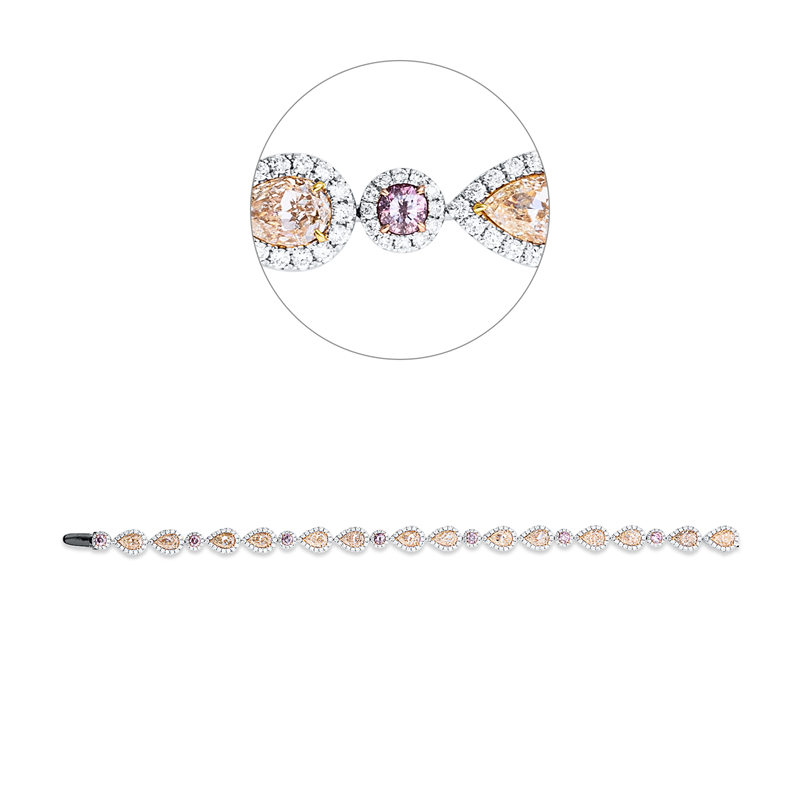 Armband 18 kt WG+GG+RG, 308 Brill. 1,91 ct, TW-si, 14 Tropfen 7,21 ct, gelb, 7 Brill. 0,73 ct, pink