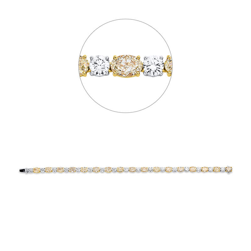 Armband 18 kt WG+GG, 17 Brill. 4,28 ct, TW-si, 17 Oval 10,11 ct, gelb