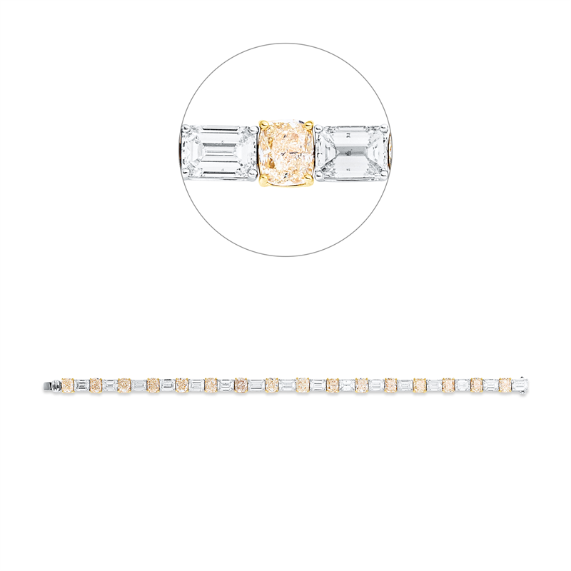 Armband 18 kt WG+GG, 16 Sm.schliff 11,73 ct, TW-si, 16 Cushion 11,75 ct, gelb