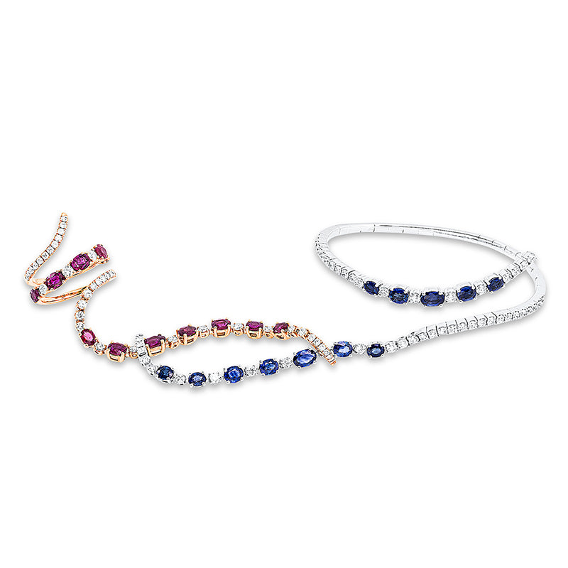 Armreif 18 kt WG+RG, 95 Brill. 4,02 ct, TW-vsi/si, 12 Rubine 4,47 ct rot, 12 Saphire 4,79 ct blau