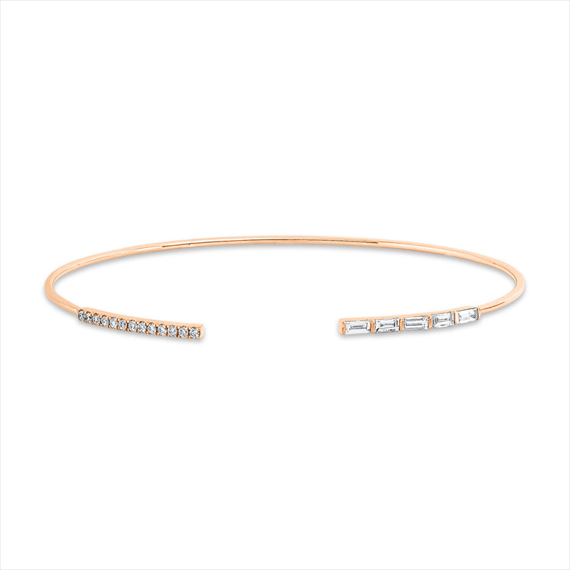 Armreif 14 kt RG, 5 Bag. 0,24 ct, F-vsi/si, 13 Brill. 0,11 ct, TW-pi
