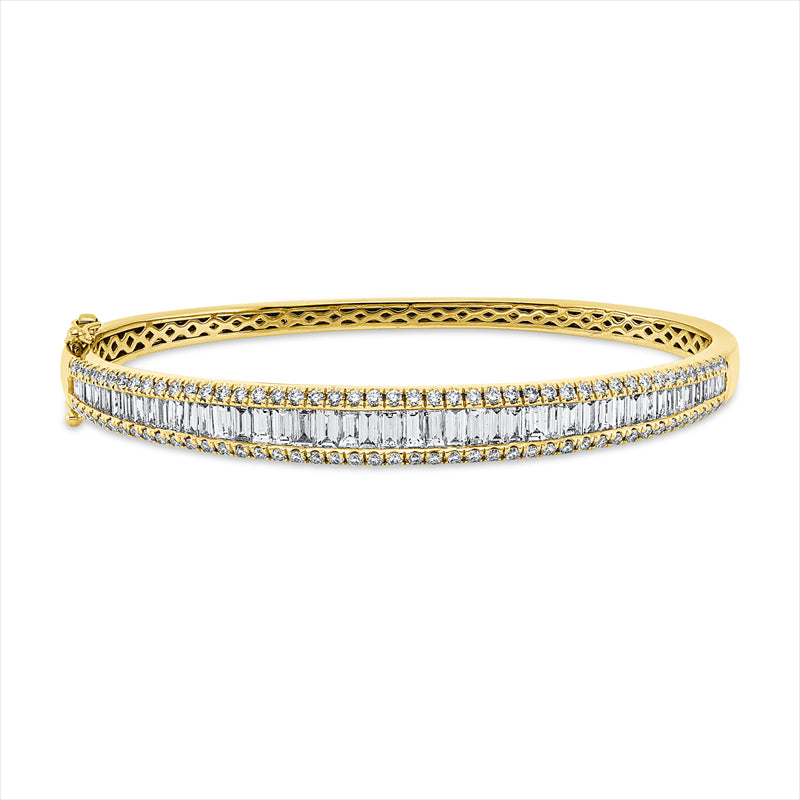Armreif 14 kt GG, 74 Brill. 0,83 ct,16 Brill. 0,13 ct,TW-pi, 22 Bag. 0,48 ct, TW-si, 25 Bag. 1,73 ct, TW-si