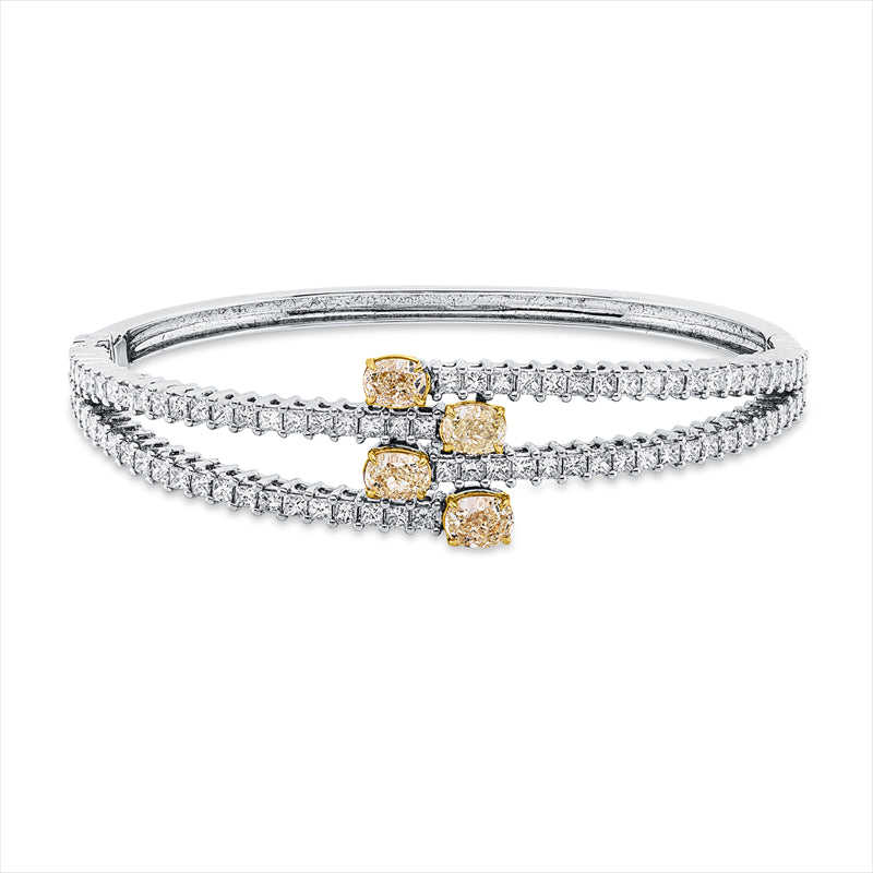 Armreif 18 kt WG+GG, GIA 4pcs, 4 Oval 1,51 ct, gelb-vs/si, 84 Princ. 2,75 ct, F-vsi