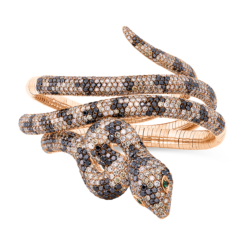Armreif 18 kt RG, Fassung teils schwarz rhodinie, 393 Brill. 9,24 ct, schwarz, 1108 Brill. 21,32 ct, braun, 2 Tsavorith 0,08 ct grün