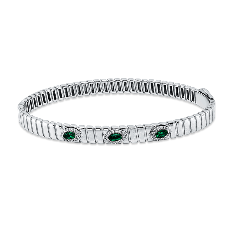 Armreif 18 kt WG, 42 Brill. 0,09 ct, F-vsi, 3 Smaragde 0,26 ct grün