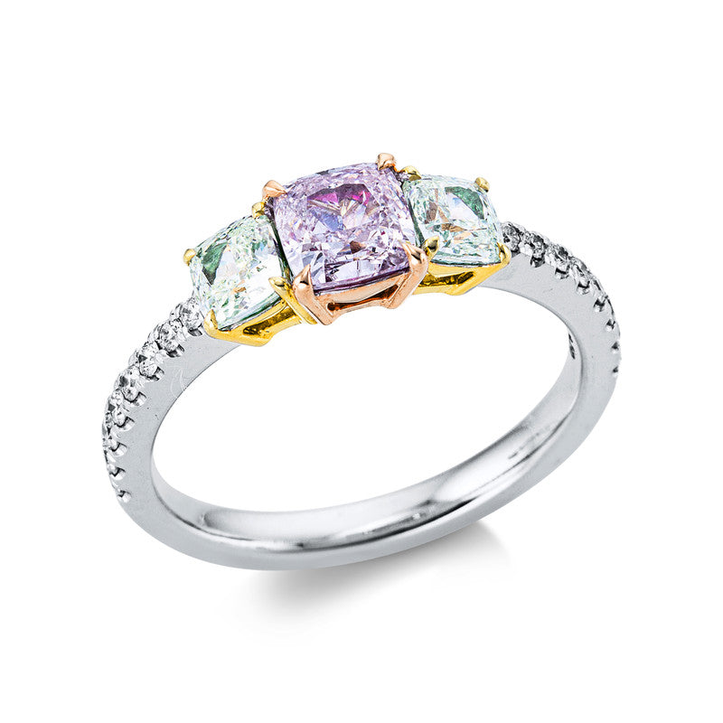 Ring 18 kt WG+GG+RG, GIA: 3pcs, 1 Cu 0,74 ct, pink-i1, 2 Cu 0,66 ct, grün-si, 16 Brill. 0,19 ct, TW-si,
