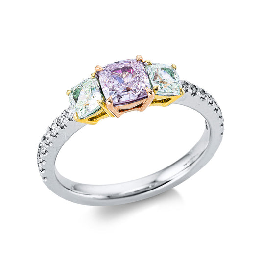 Ring 18 kt WG+GG+RG, GIA: 3pcs, 1 Cu 0,74 ct, pink-i1, 2 Cu 0,66 ct, grün-si, 16 Brill. 0,19 ct, TW-si,