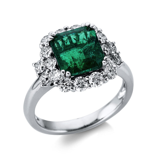 Ring 18 kt WG, 18 Brill. 1,17 ct, W-si, 1 Smaragd 3,51 ct grün