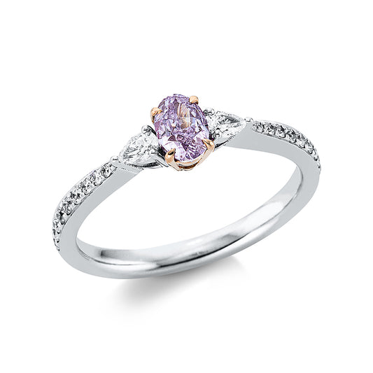 Ring 18 kt WG+RG, 20 Brill. 0,18 ct, TW-si, 2 Tropfen 0,12 ct, F-pi, 1 Oval 0,42 ct, pink-i1