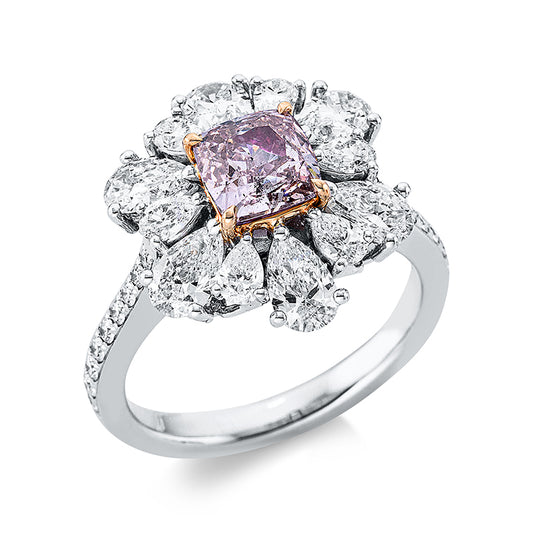 Ring 18 kt WG+RG,GIA6345935395,1 Cushion 1,01ct grün-vsi,42 Brill. 0,22ct  F-vvs,18 Brill. 0,09ct, pink-si, 2 Tropfen 0,11 ct, F-vsi